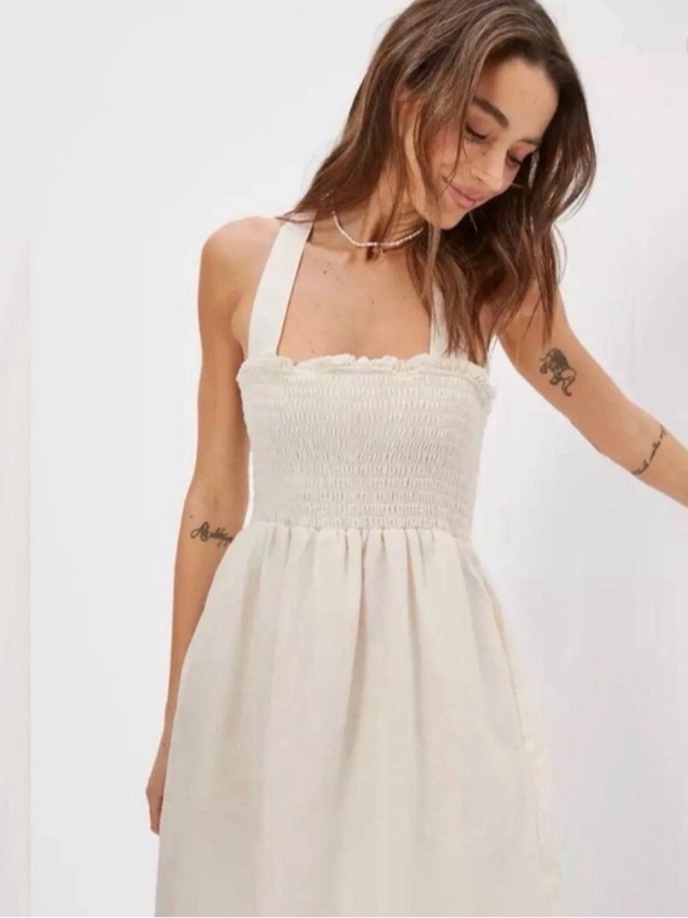 American Eagle Outfitters Linen/Cotton  Smocked Crossback Mini Dress-Pockets-S